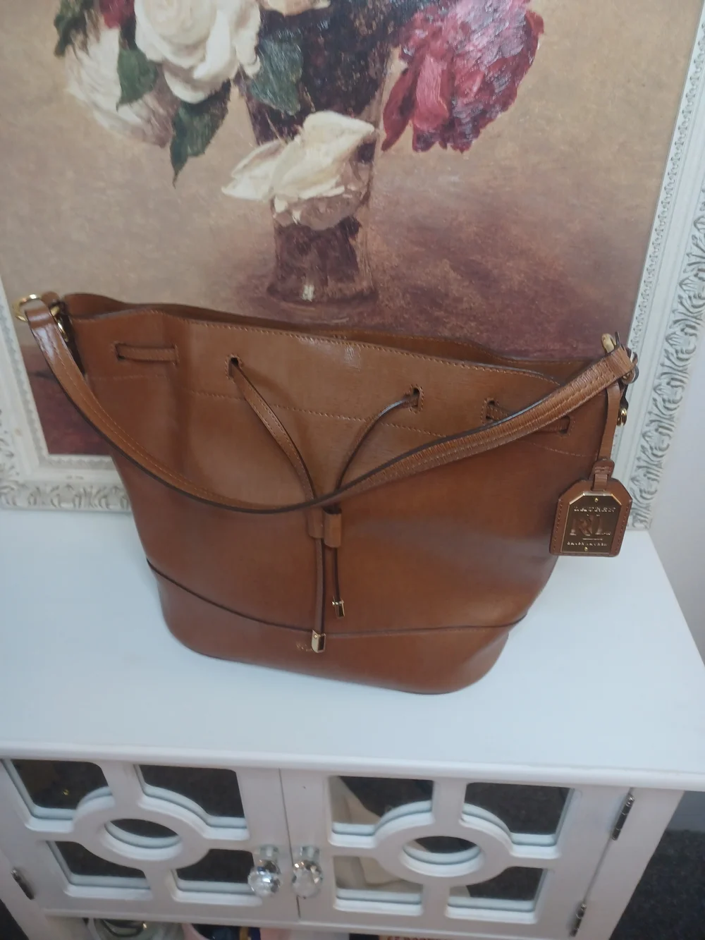 Lauren Ralph Lauren Brown Leather Drawstring Satchel with Gold Hardware